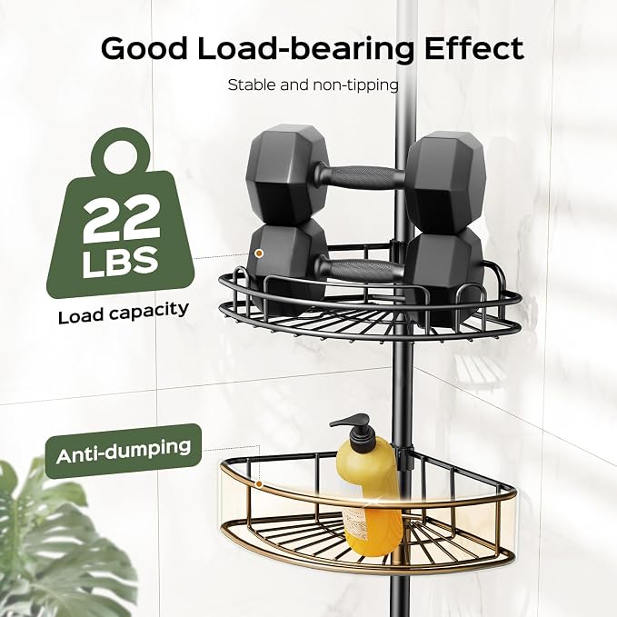 HAMITOR Corner Shower Shelves, 4-Tier AdjustableTension Caddy for Renters | Black Rust-Resistant Bathroom Organizer, No-Drill Quick Install, Space-Saving Storage Shelves For Families 47.7-123.6 Inch