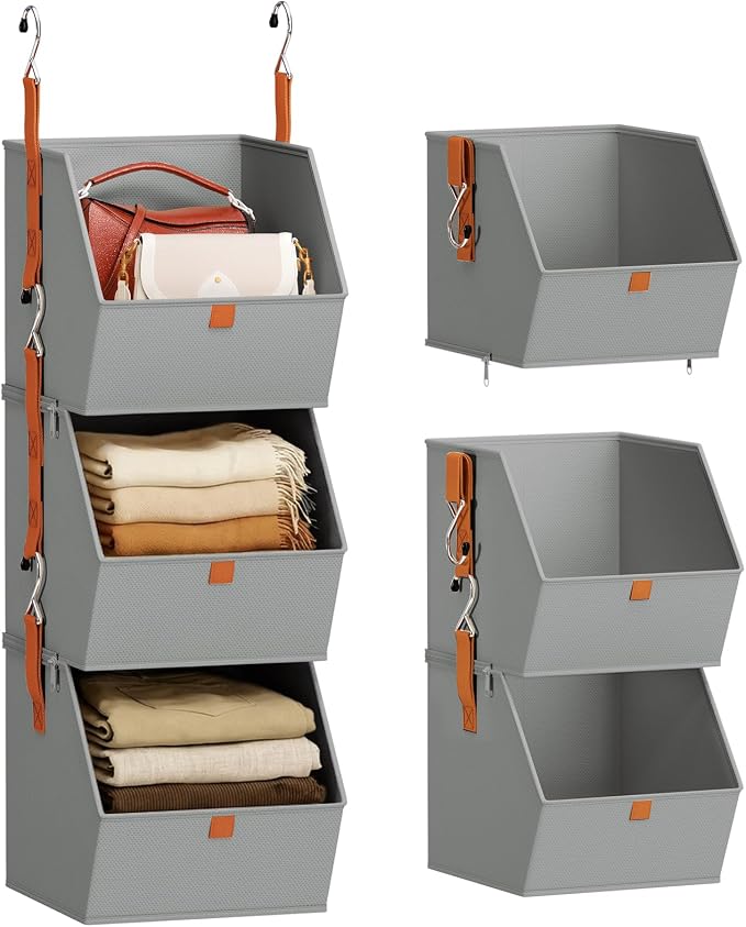 Collapsible Hanging Closet Organizer - 3 Tier Closet Shelves Storage System with Hooks, Fabric Hanging Storage Bins for Clothes, Foldable Storage Basket for Laundry, Bedroom, Rv, Grey