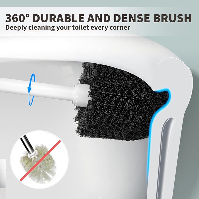 Toilet Brush and Holder 2 Pack, Toilet Bowl Brush with Extra Long Handle, Toilet Scrubber and Covered Holder, Toilet Brushes for Bathroom-Space Saving, Covered Brush, Durable, Deep Cleaning(White)