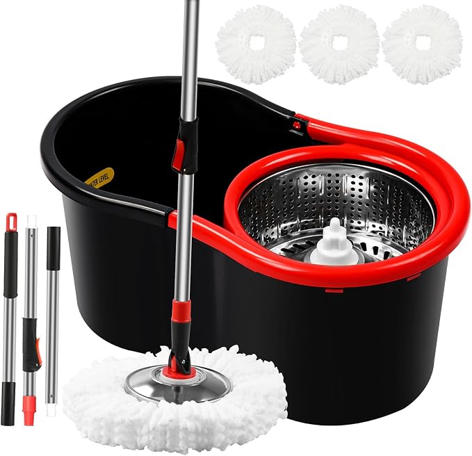 Spin Mop and Bucket with Wringer Set,360° Mop and Bucket System with 3 Microfiber Mop Refills and 50" Extended Handle for Floor Cleaning (Black)