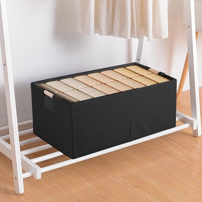 Fabric Storage Box, 13x9in Foldable Cotton Linen Basket with Wooden Handle | Small Rectangular Cube Decorative Home Laundry Organizer Clothes Blanket Container Organizing Clothes Sheets Jeans, Black