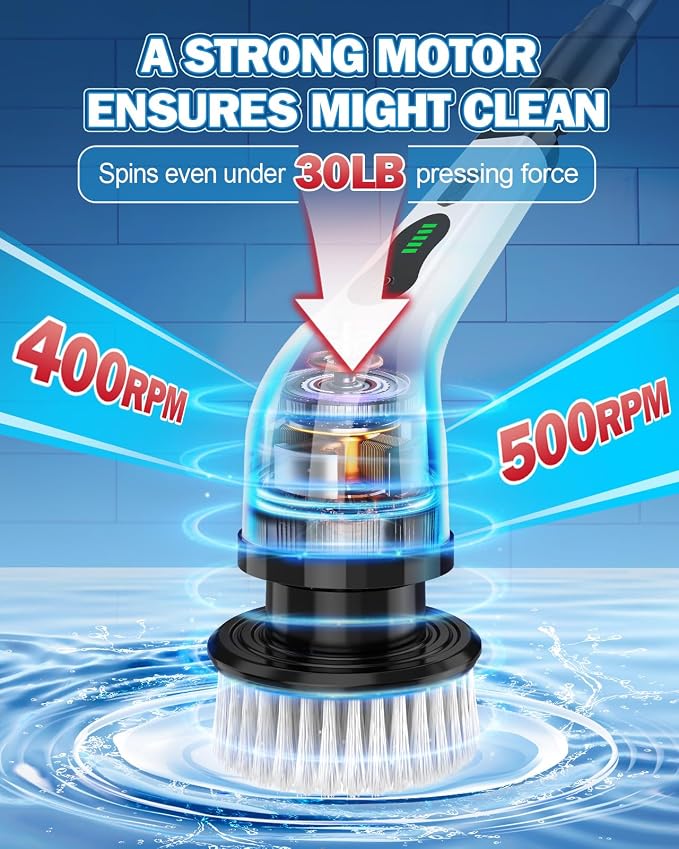 Electric Spin Scrubber, IPX7 Cordless Power Cleaning Brush, Dual Speed Electric Shower Scrubber with 8 Brush Heads, USB-C Charging and Retractable Handle for Tile & Bathtub