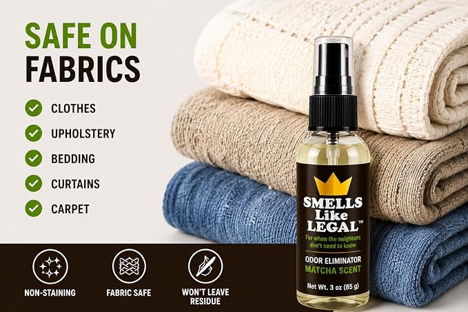 Smells Like Legal® Matcha Odor Eliminator Spray, 3 oz Travel Size – Shoe & Fabric Deodorizer, Eliminates Smoke, Pet, Food & Gym Bag Odors, Water-Based, Fabric Safe, Made in USA