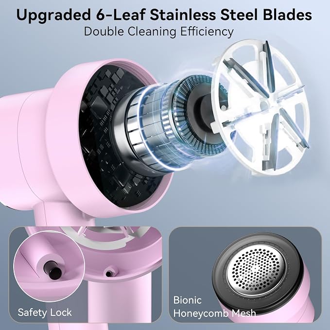 Rechargeable Fabric Shaver, 6-Leaf Blades, LED Display, 3 Speeds | Portable Lint Remover Easy to Remove Pilling, Fuzz & Lint Balls from Clothes, Sweater, Couch, Blanket, Furniture, Coat, Pink