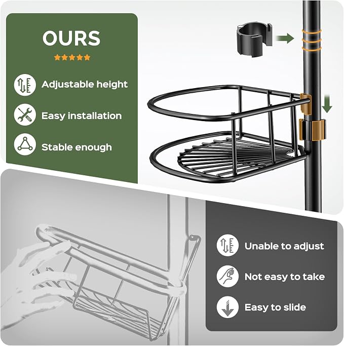 HAMITOR Corner Shower Shelves, 4-Tier AdjustableTension Caddy for Renters | Black Rust-Resistant Bathroom Organizer, No-Drill Quick Install, Space-Saving Storage Shelves For Families 47.7-123.6 Inch