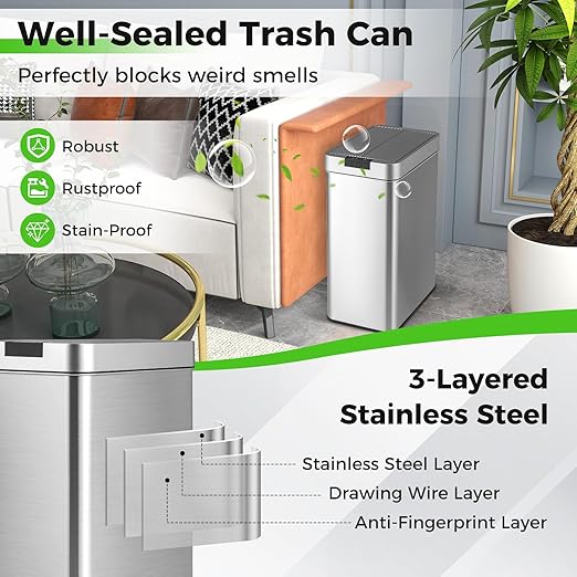 S AFSTAR Motion Sensor Trash Can, 13.2 Gal Slim Kitchen Trash Can with Wing Lids, Infrared Automatic Touchless Waste Bin Stainless Steel Trash Bin for Narrow Space Bathroom Bedroom