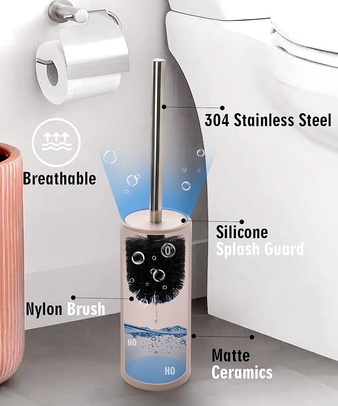 Matt Pink Ceramic Toilet Brush and Holder Set | Freestanding Toilet Bowl Cleaners Brush, Scrubber Brush for Toilet, Bathroom Accessories with Stainless Handle, Deep Cleaning