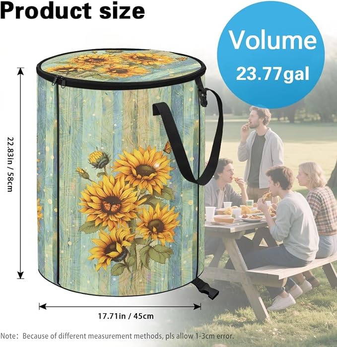 Vintage Sunflower Print 24 Gallon Large Capacity Collapsible Trash Can with Lid and Handles Camping Waster Bag Garden Leaf Bin Laundry Hamper Childrens Toy Bin