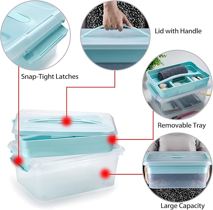 BTSKY Stack & Carry Box, Clear Plastic Storage Container Stackable Home Utility Box with Removable Tray Multi-Purpose Storage Bin for Organizing Stationery, Sewing, Art Craft Supplies(Blue) | Stackable Home Utility Box Multi-Purpose Storage Bin for Org...