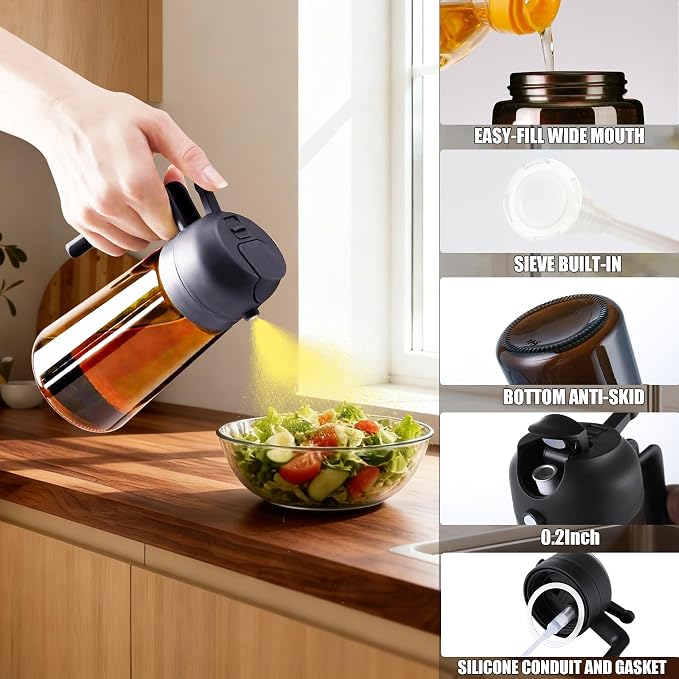 Olive Oil Sprayer & Dispenser for Cooking, 16oz Dark Glass Oil Mister, 2PC | 2-in-1 Oil Sprayer & Pourer, Fine mist, Light-Blocking, Wide Mouth for Easy Refill & Clean, 8 Oil Labels, Reusable