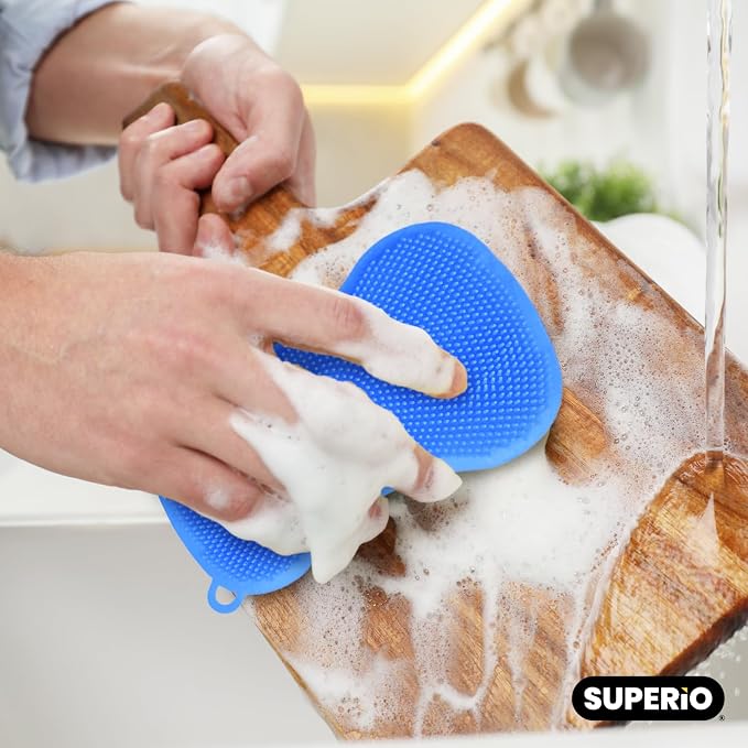 Silicone Heat Resistant Dishwasher Sponge, Fruit Cleaner, Vegetable Washer, Non Scratch Durable Bristles, Blue 3-Pack (6)