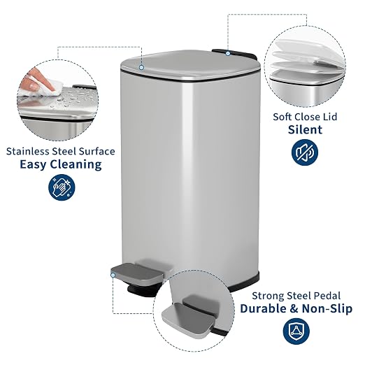 Garvee Bathroom Trash Can with Lid, 2.4 Gallon Slim Garbage Can, Silver | Step Pedal, Soft-close Lid, Rear Handle, Removable Plastic Inner Liner with Trash Bag Retainer Ring, for Kitchen, Bathroom