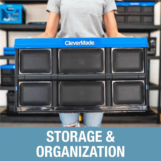 CleverMade Collapsible Storage Bins, 32L, 3 Pack Foldable Storage, Obsidian | Turn Trunk and Garage Clutter into Stackable Order | Reinforced Plastic Handles Up to 66 lb, Then Nests Compactly When Folded