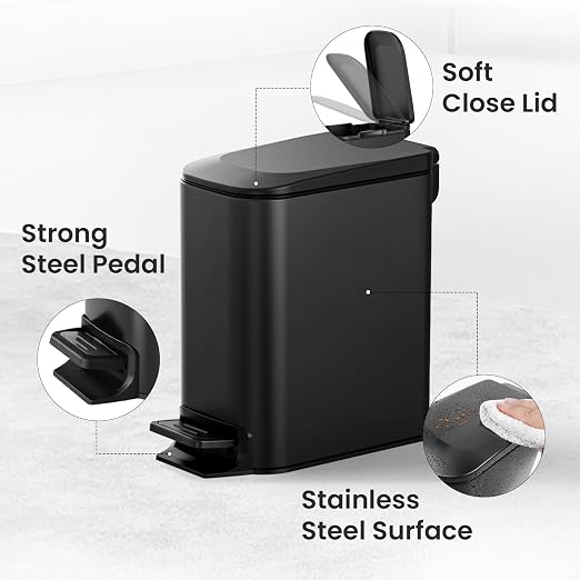 Cesun Small Bathroom Trash Can with Lid, 1.6 Gal, Soft Close, Matte Black | Step pedal soft close, Slim 5.9in fits narrow spaces, Stainless steel, Anti-fingerprint, Removable inner bucket, Odor seal