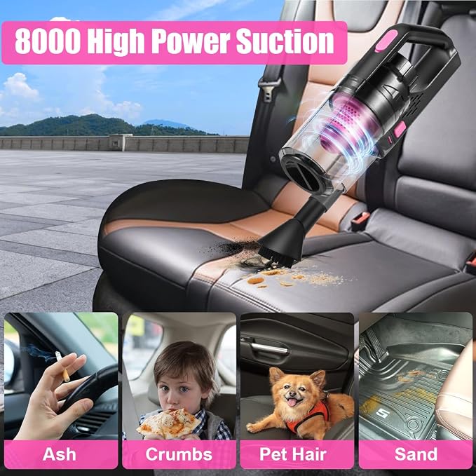 Car Vacuum Cordless Rechargeable, 8000PA High Power Handheld Vacuum Cleaner with 17PCS Car Cleaning Kit, Pink Auto Accessories for Women Gift