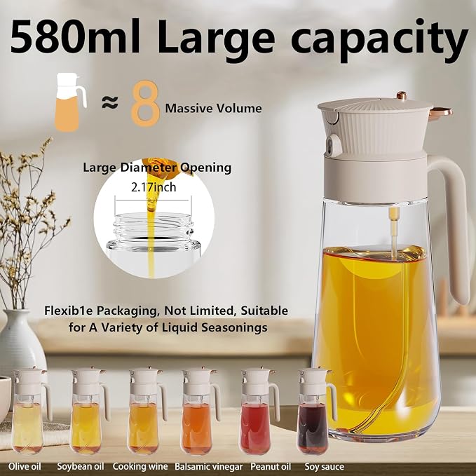 19.6 oz 2 in 1 Glass Olive Oil Sprayer for Cooking | Leak-Proof Oil Dispenser for Kitchen, Food-Grade Spray and Pour Bottle Air Fryer, BBQ, Salad, Baking - White