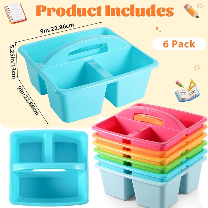 6 Pack Plastic Classroom Organizer Caddy with Handle, Multicolored | 3 Compartment, Portable Supply Storage Caddy, Craft Art Caddies for Pencil, Crayon, Marker, Home, Office, School Supplies