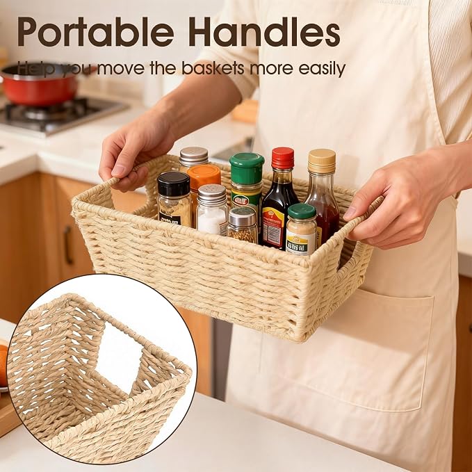 Paper Rope Storage Baskets for Shelves Organizing, Small Hand Woven Wicker Organizer Basket with Handle for Bathroom Toilet Paper Storage, Beige, 3-Pack