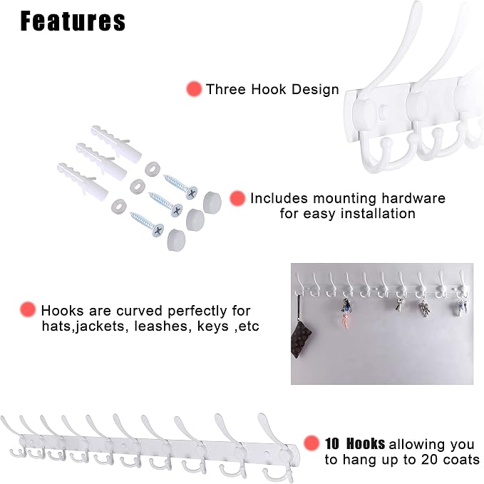 Dseap Coat Rack Wall Mount - 38” Long 10-Tri-Hooks Heavy Duty Coat Hanger Rail Wall Hooks for Hanging Coats Hats Clothing Clothes Purse Mudroom Entryway, White