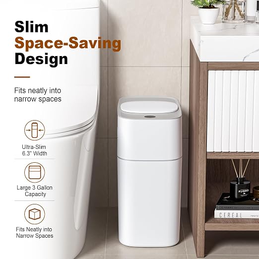 funest Smart Bathroom Trash Can with Lid, 3 Gallon | Motion Sensor Trash Can, Slim Automatic Garbage Can, Small Trash Can for Bathroom, Bedroom & Office, Bag-Holding Design