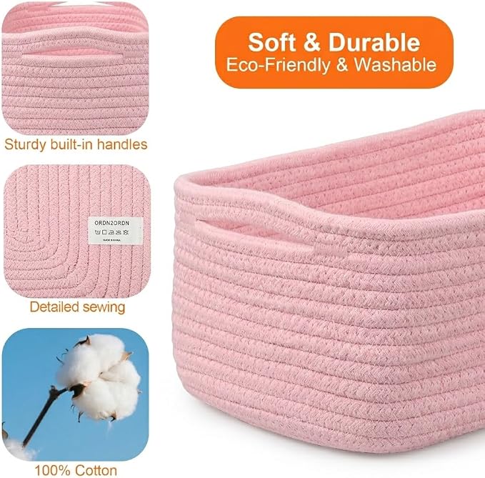 3Pack Small Woven Storage Baskets for Shelves Organizing | Cotton Rope Closet Organizer Bins, Basket for Gifts Empty, Nursery, Living room, Dog Toy Basket 11x7.5x4.5 in, Pink