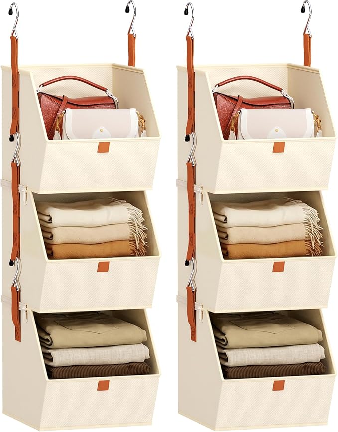 Collapsible Hanging Closet Organizer - 6 Tier Closet Shelves Storage System with Hooks, Fabric Hanging Storage Bins for Clothes, Foldable Storage Basket for Laundry, Bedroom, Rv, Beige