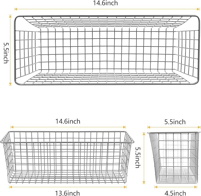 2 Sets Grey Extra Large Hanging Wall Basket with Steel Hooks | Metal Wire Baskets for Organizing, Wallmounted Fruit Vegetable Toy Snack Storage, Home Kitchen Bathroom Laundry Pantry