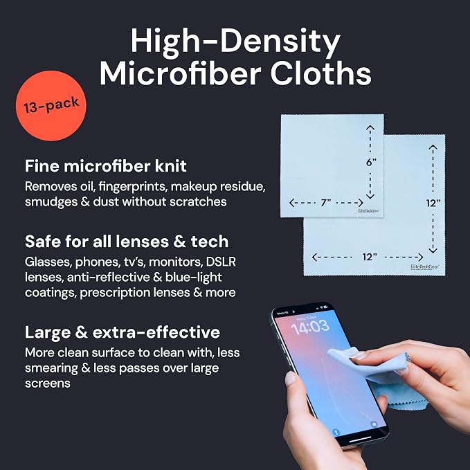 Elite Tech Gear Microfiber Cleaning Cloth, Eye Glasses Cleaner Cloth, 13pc | 1pc 12"x12" - 12pc 6"x7" Lens Cleaning Cloths - Eyeglass, Camera, Sunglasses & Screen Cleaning Cloth - Washable Wipes - Blue