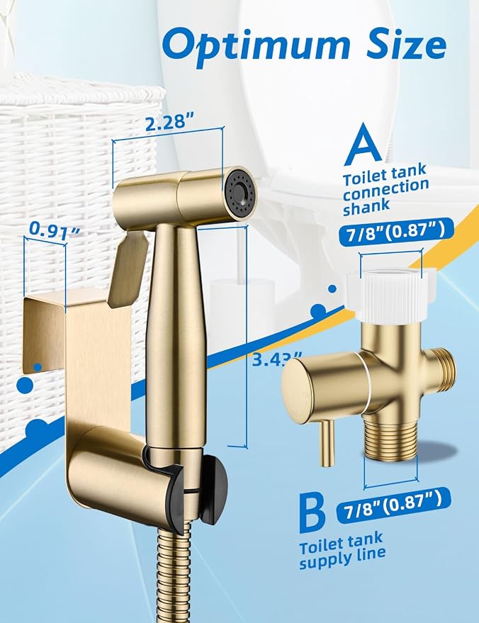 BRITULIF Bidet Sprayer for Toilet, Adjustable Pressure, Gold | Leak-Free Hose, Tank or Wall Mount, Feminine Wash, Cloth Diaper Rinse, Stainless Steel Body, Nozzle, Soft Silicone Nozzle
