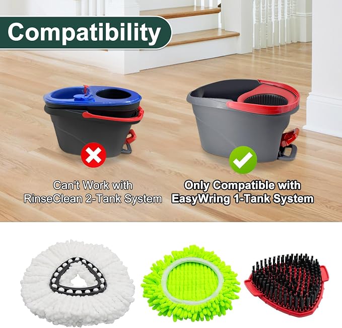 Mop Head Replacement for O Cedar, Spin Mop Replacement Head for Ocedar Easywring 1 Tank System, Mop Heads Includeds 4 Mop Replacement Heads , 1 Spin Scrub Brush & 1 Base