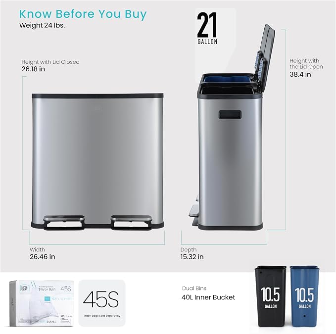 Home Zone Living 21 Gallon Large Kitchen Trash Can with Dual Compartments