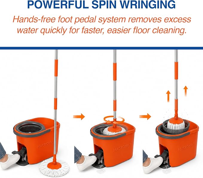 Macromax Force Spin Mop and Bucket Set – Pedal-Activated Wringer System – 360° Microfiber Mop for Floor Cleaning – Ergonomic Handle – Wet or Dry Use – Hardwood, Tile & Laminate