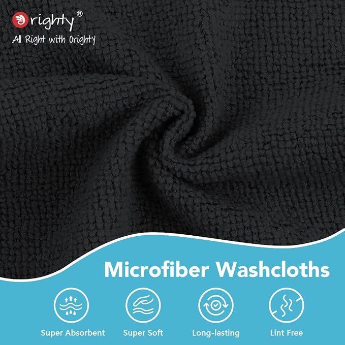 Orighty Washcloths, 5 Pack Microfiber Face Towels, 12x12 Inch Black | Highly Absorbent & Soft Feel, Multi-Purpose Wash Cloths & Hand Towels for Bathroom, Hotel, Spa, and Gym
