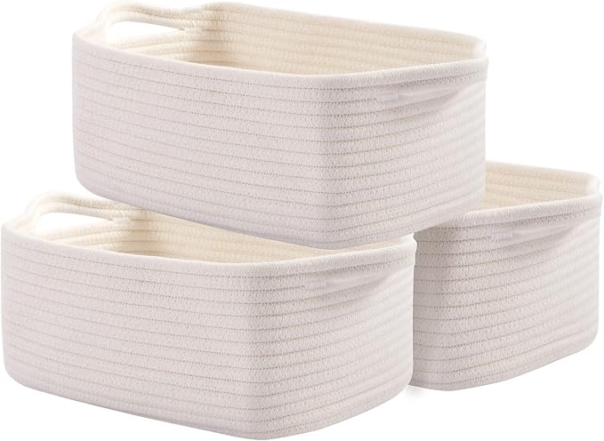 OIAHOMY 3 Pack Storage Baskets for Shelves Cotton Rope Storage Bins White | Woven Baskets for Storage Nursery Storage Basket with Handles Baskets for Organizing Small Baskets Gift Baskets Empty