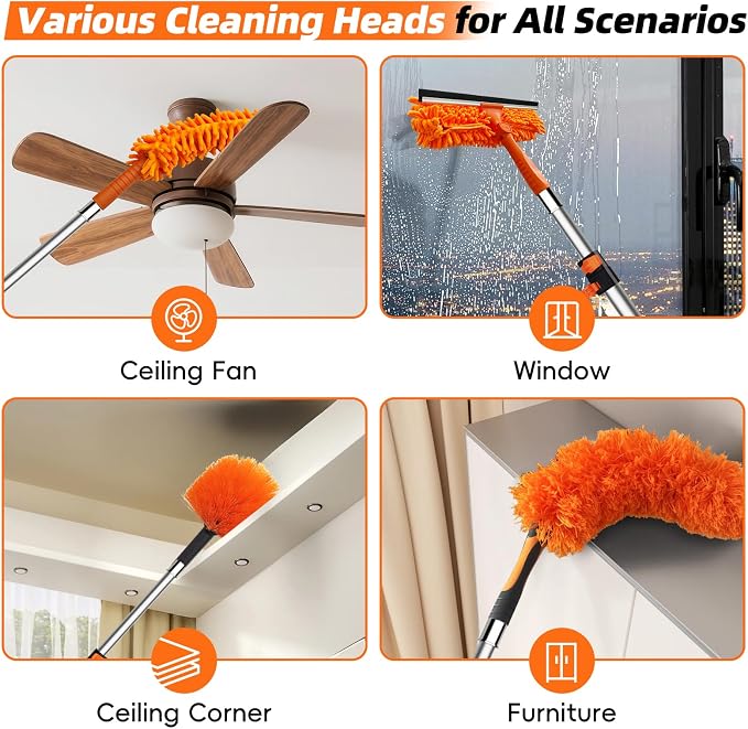 32 Foot High Dusters for Cleaning with 6-24 Foot Heavy Duty Extension Pole | High Reach Duster, Extendable Reusable Cobweb, Feather, Ceiling Fan Cleaner Duster, Window Squeegee Kit