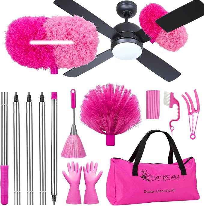 CALBEAU Pink Ceiling Fan Cleaner Duster, Ceiling Fan Duster Kit, 13PCS | Duster Kit with 60-inch Extension Pole, Storage Bag, Dusters for Cleaning High Ceilings Fan Blades