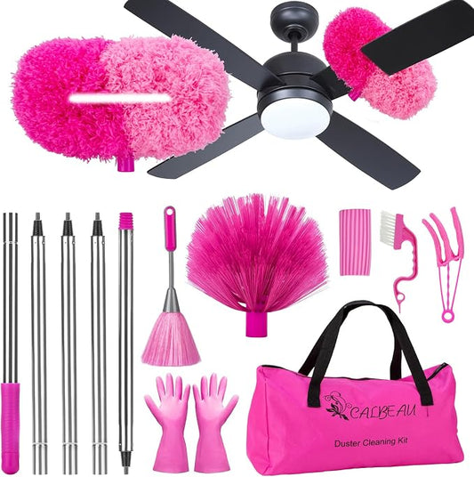 CALBEAU Pink Ceiling Fan Cleaner Duster, Ceiling Fan Duster Kit, 13PCS | Duster Kit with 60-inch Extension Pole, Storage Bag, Dusters for Cleaning High Ceilings Fan Blades