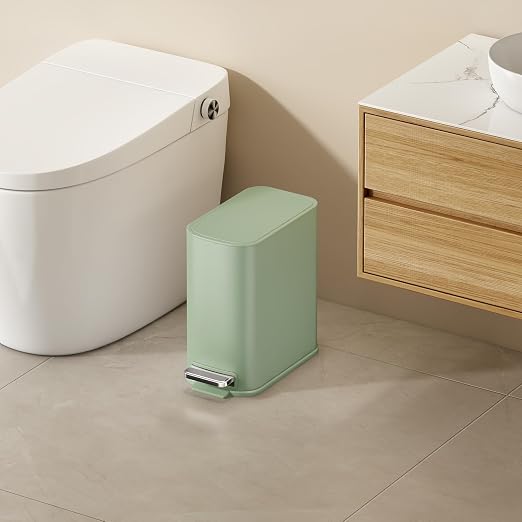 TIPGO Small Bathroom Trash Can with Lid Soft Close,1.3 Gallon, Green | Step Pedal, Removable Inner Bucket, 5 Liter Slim Stainless Steel Garbage Can for Bedroom, Office, Kitchen