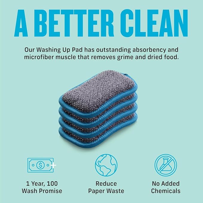 E-Cloth Washing Up Scrub Pad, Sponge for Cleaning - 4 Pack | Reusable & Durable Kitchen Sponge for Dishes & Sink, Non Scratch, Multi Purpose Scrubber, Machine Washable