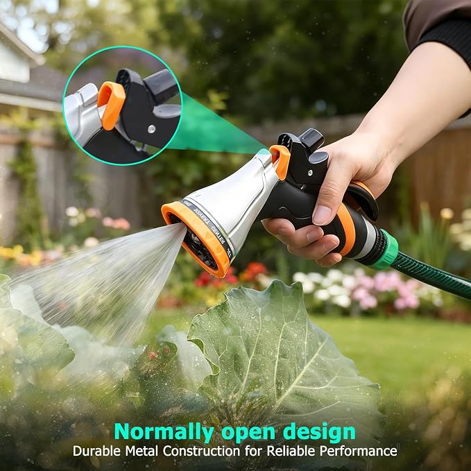 QUOBAS Metal Garden Hose Nozzle, Heavy Duty Water Hose Sprayer, Leak Proof | 10 Pattern Water Nozzle with Rubber Gasket, Garden Sprayer for Watering Plants, Washing Cars, Pet Shower, Orange, 2-Pack