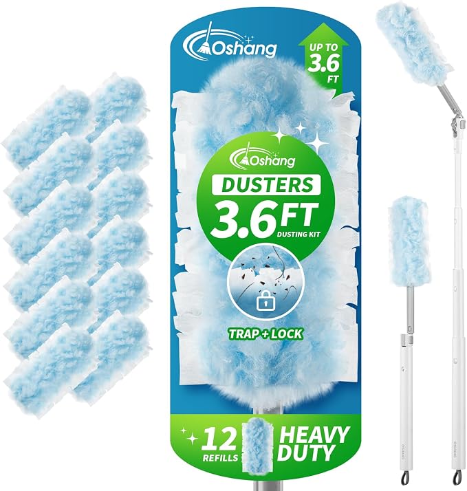 oshang Disposable Heavy Duty Duster Refills, 12 Pack | 43" Extendable Handle, Compatible with Swiffer, For Ceiling Fans, Blinds, Furniture, High Corners
