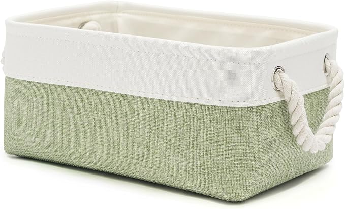 11.8x7.9x5.2 Inch Fabric Small Storage Bins with Handles 1 Pack | Foldable Storage Basket, Sturdy Metal Strand, Cardboard Support Molding, Small Baskets for Organizing, Shelves, White/Green