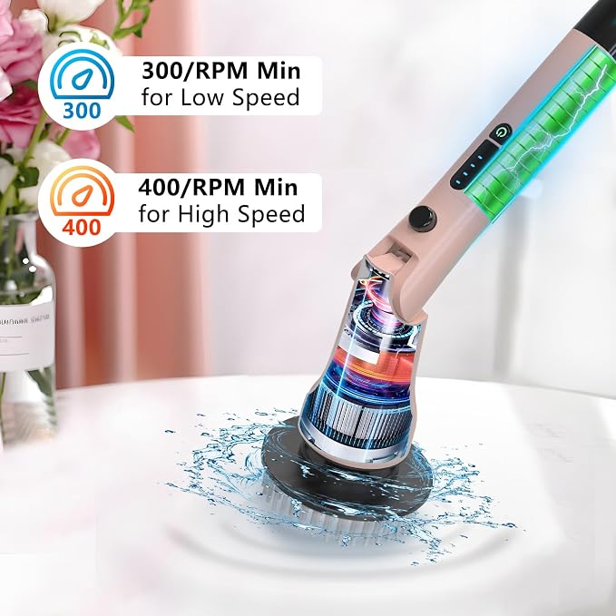 Electric Spin Scrubber, Hillyfe Bathroom Scrubber Electric with 7 Replaceable Brush Heads, IPX7 Waterproof,300/400 RPM, 3 Adjustable Length,Scrubber Brush Electric for Bathtub Floor,Pink
