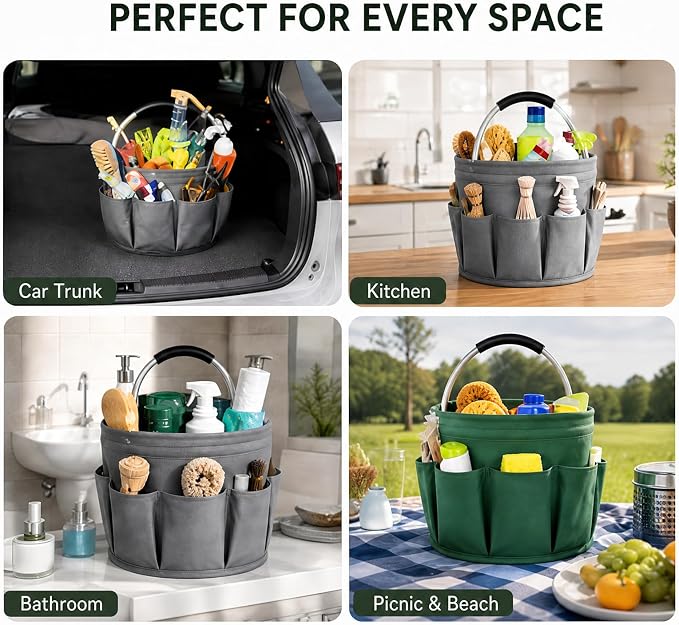 Cleaning Caddy, 17L Foldable Basket with Handle, 6 Pockets - Supply Organizer (Green)
