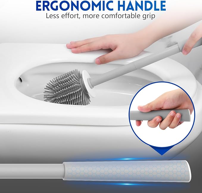 Y-in Hand Toilet Brush and Holder Set, Silicone Toilet Bowl Cleaner Brush Bristles, Bathroom and RV Cleaning Tools, Space Saving Toilet Scrubber, Wall Mountable. (Grey)
