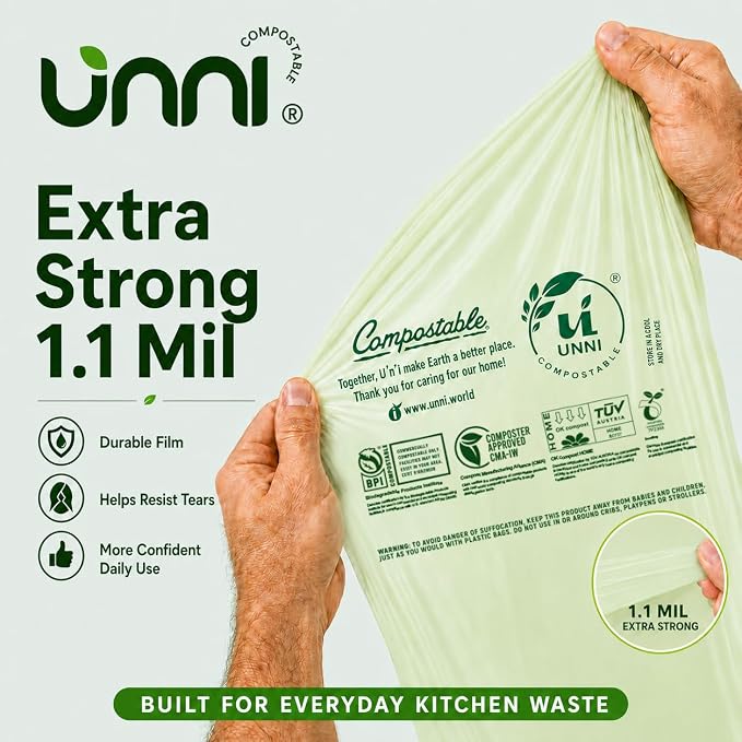 UNNI 30-33 Gallon Compostable Bags, 40 Count, 124 L, Extra Thick 1.1 Mil | Large Compost Bags for Lawn, Leaf & Yard Waste & Kitchen Organics, 2 Packs of 30, Certified by BPI, CMA & OK compost HOME