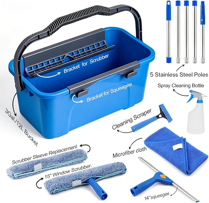 Professional Window Cleaning Kit, 76" Squeegee & Scrubber with 3 Gal Bucket | Complete Window Cleaning Kit 76" Long Handle Window Squeegee 3 Gallon Cleaning Bucket Included Versatile Window Washing Tool