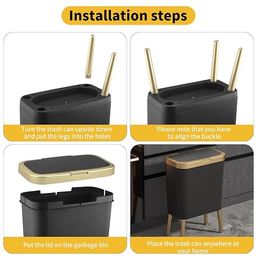 Bathroom Trash Can 4 Gallon, Dog Proof Trash Bin with Press Top Lid, Black Office Waste Basket with Gold Edge, Tall Narrow Garbage Cans for Kitchen, Toilet, Living Room, Bedroom