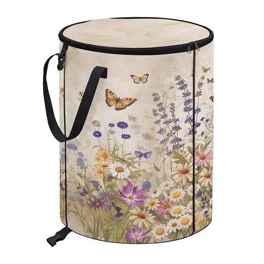 Daisy Butterfly Outdoor Trash Can with Lid Collapsible Camping Pop up Trash Can 24 Gallon Waterproof Foldable Garden Garbage Bin for Camping Hiking Backyard Parties 23 x 18 inch