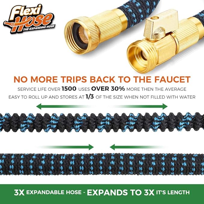 Flexi Hose Expandable Garden Hose with 8 Function Nozzle, 100FT - Lightweight Retractable Garden Hose, Water Hose - No-Kink Flexibility, 3/4 Inch Solid Brass Fittings and Double Latex Core